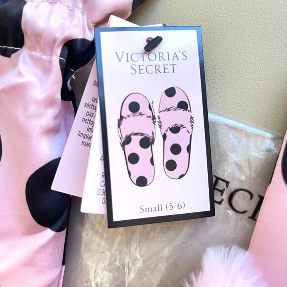 New Victoria's Secret Slippers Small 5 6 Pink Black Dot Satin Faux Fur NWT - Picture 6 of 10